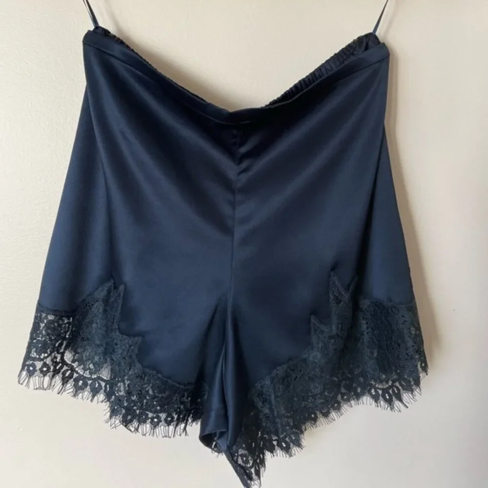 NEW Reformation Fern Midnight Navy Lace Trim Satin Shorts Elastic Waist | US S - Picture 7 of 11